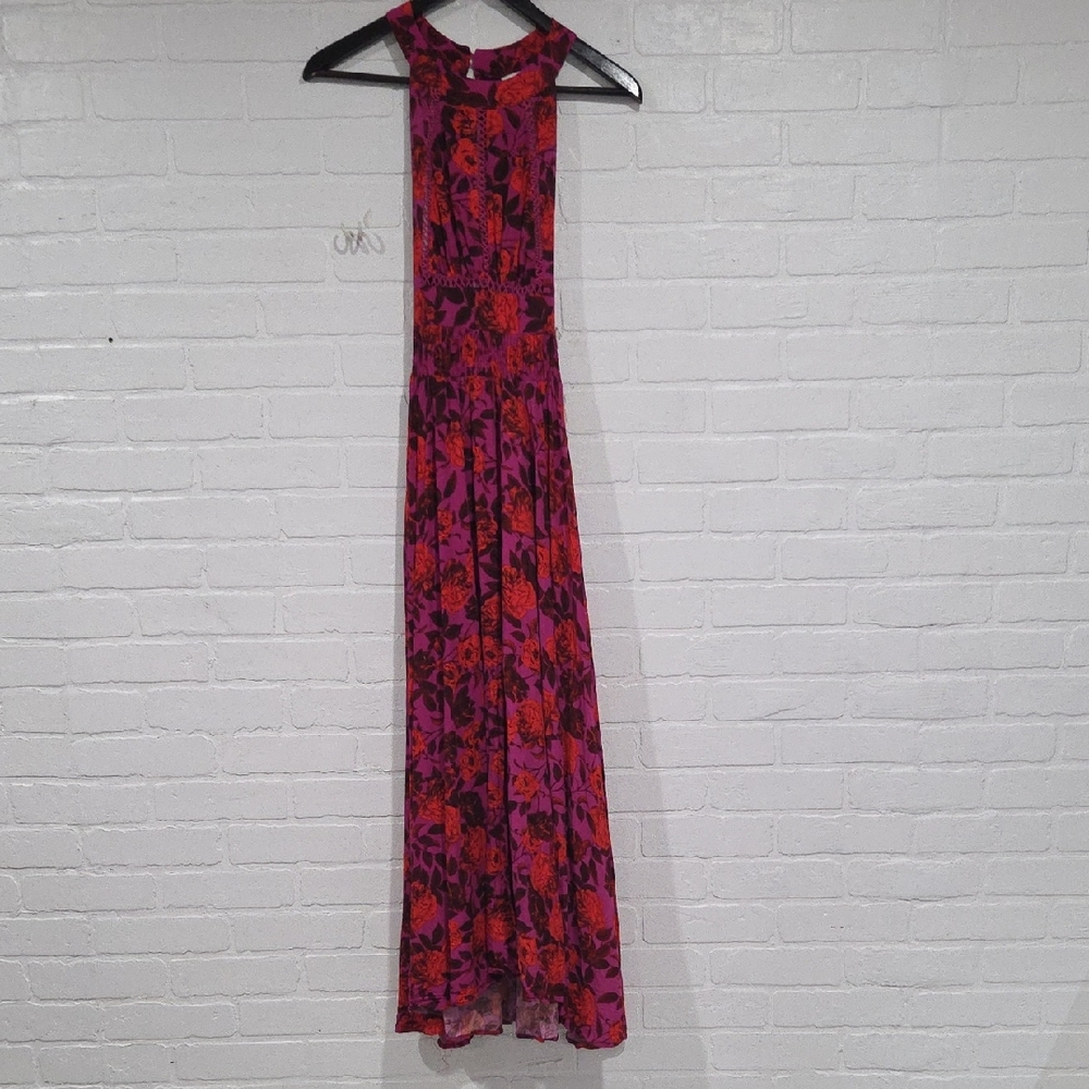 Floral Pink & Red Maxi Dress - Sleeveless Halter Style